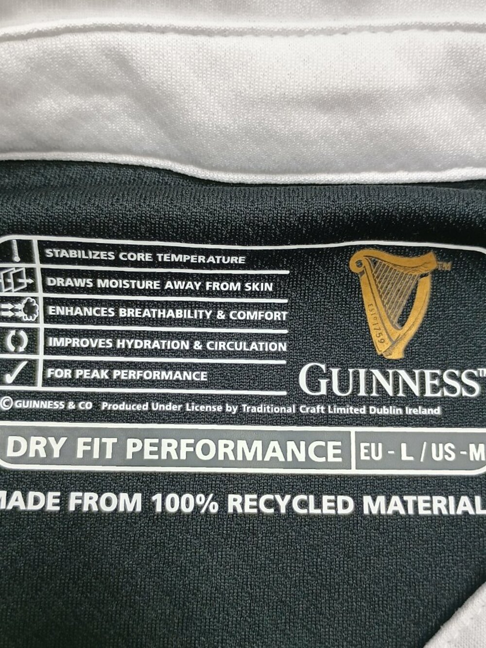 Guinness Rugby Jersey Men’s M Black White Dry Fit Performance Ireland 1759 - Picture 3 of 9